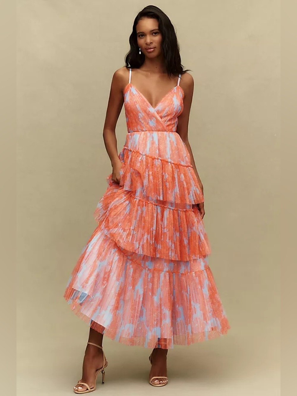 Hutch Valeria Orange and Light Blue Tiered Maxi Dress